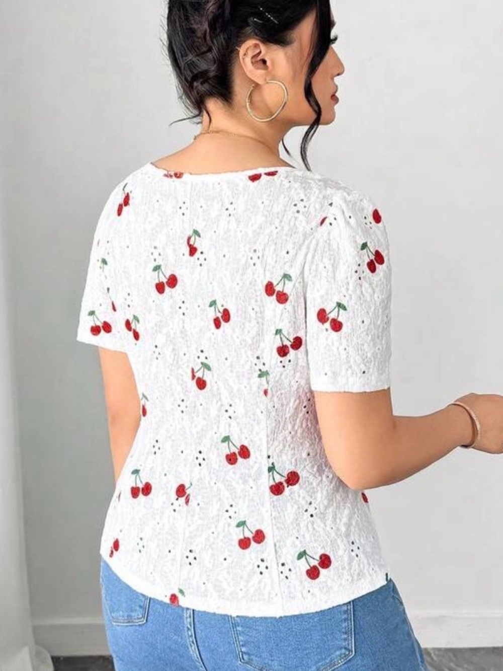 White Eyelet Cherry Print Short Sleeve Top